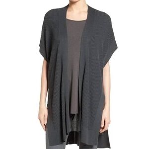 Eileen Fisher Tencel Ribbed Knit Open Front Cardigan Sleeveless Sweater Grey